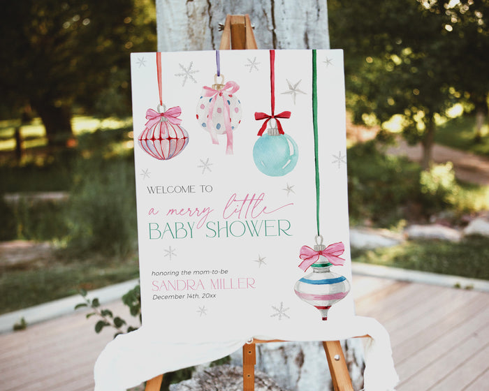 Coquette Pink Bow Christmas Baby Shower Welcome Sign