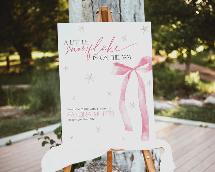 Snowflake Pink Bow Baby Shower Welcome Sign