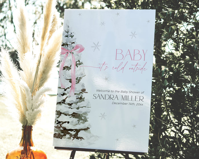 Pink Bow Christmas Baby Shower Welcome Sign