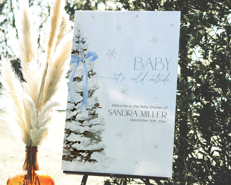 Blue Bow Christmas Baby Shower Welcome Sign