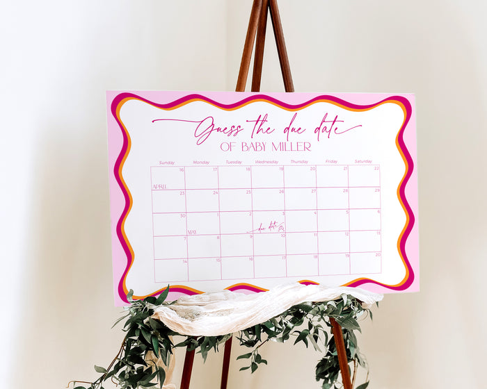 Pink Wavy Border Guess The Due Date Poster Calender Game