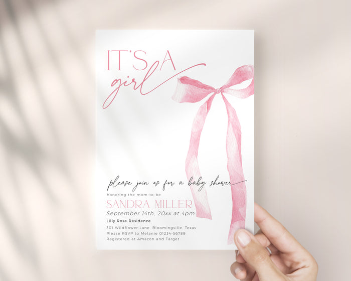 Bow Pink Baby Shower Invitation