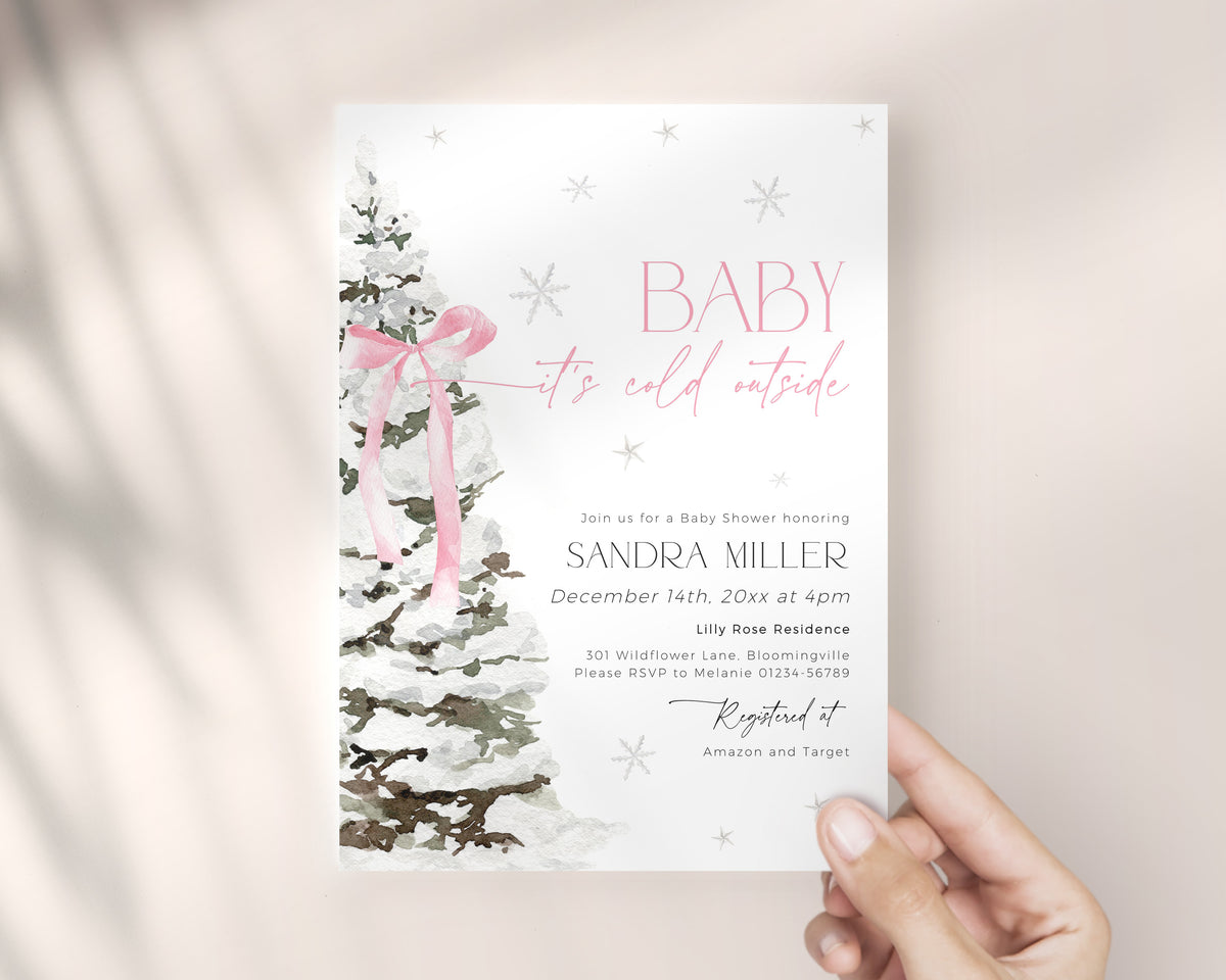 Pink Bow Christmas Baby Shower Invitation