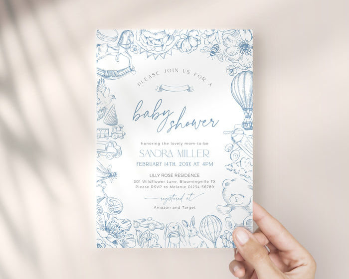 Blue Toile de Jouy Baby Shower Invitation