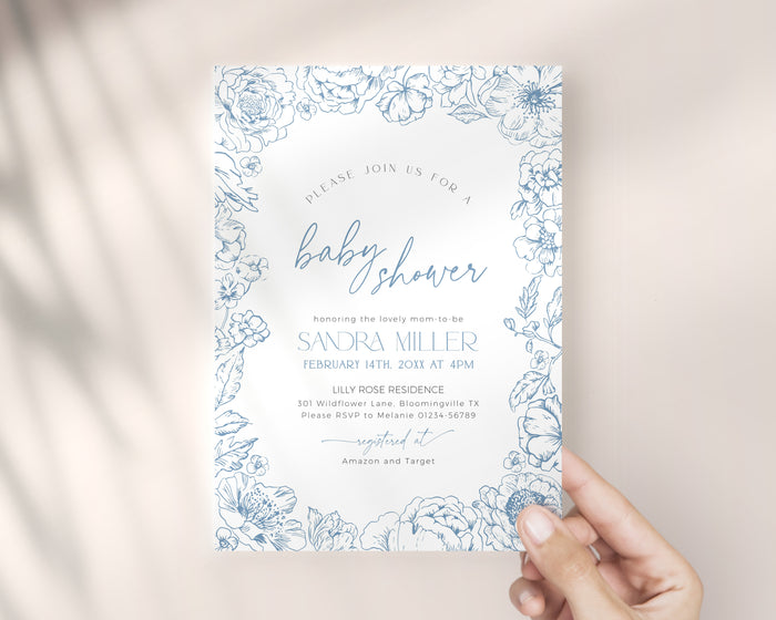 Floral Blue Toile de Jouy Baby Shower Invitation