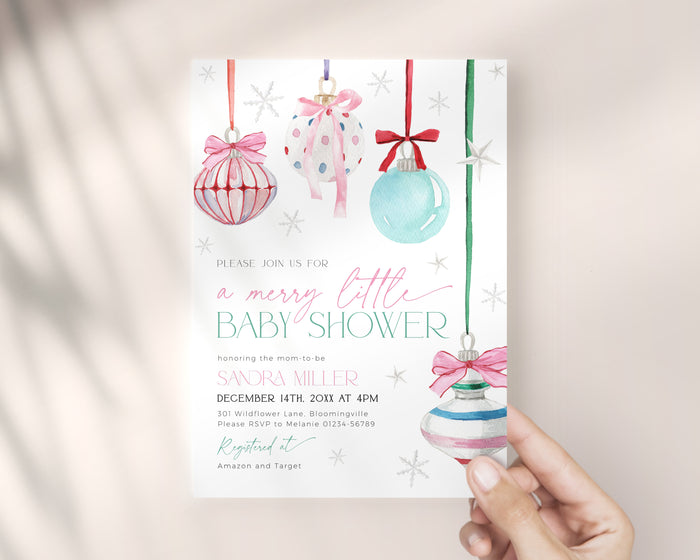 Coquette Pink Bow Christmas Baby Shower Invitation