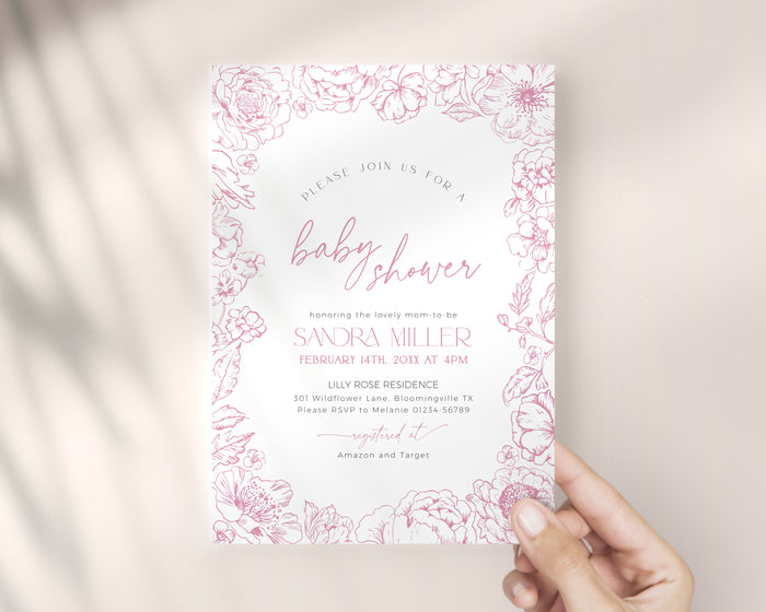 Floral Pink Toile de Jouy Baby Shower Invitation