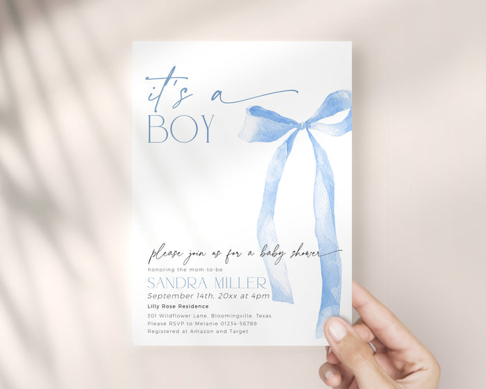 Bow Blue Baby Shower Invitation