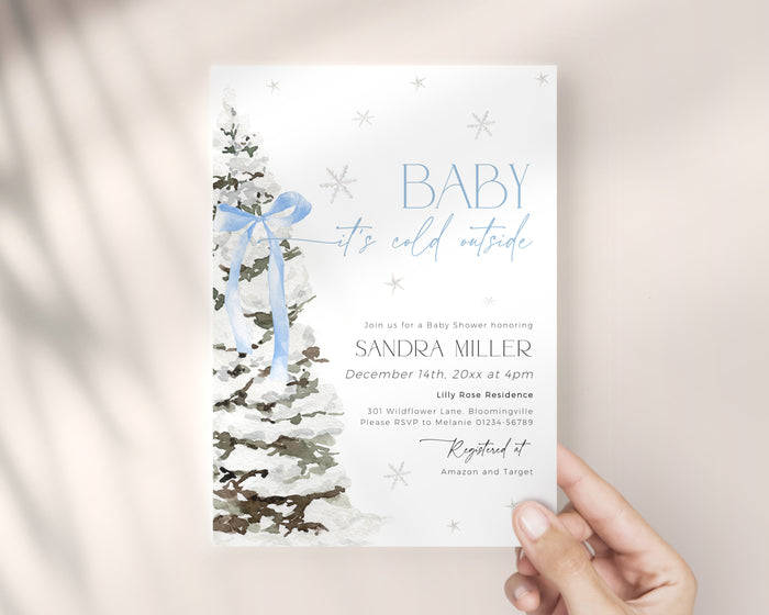 Blue Bow Christmas Baby Shower Invitation