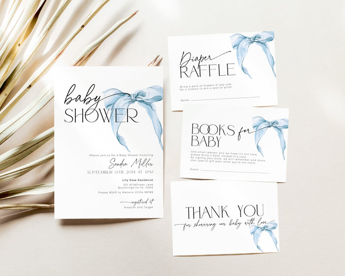 Blue Bow Baby Shower Invitation Bundle