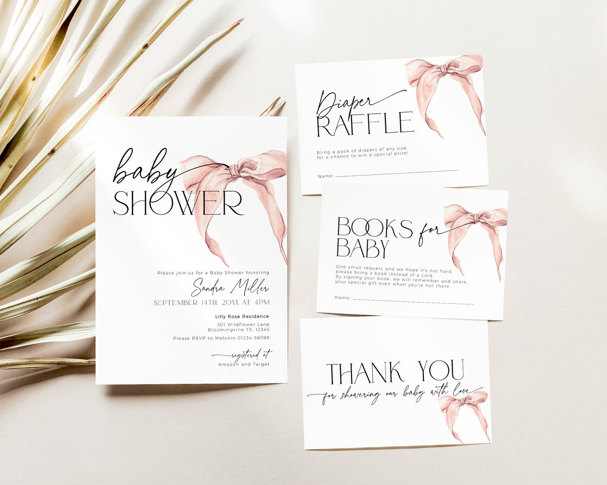 Pink Bow Baby Shower Invitation Bundle