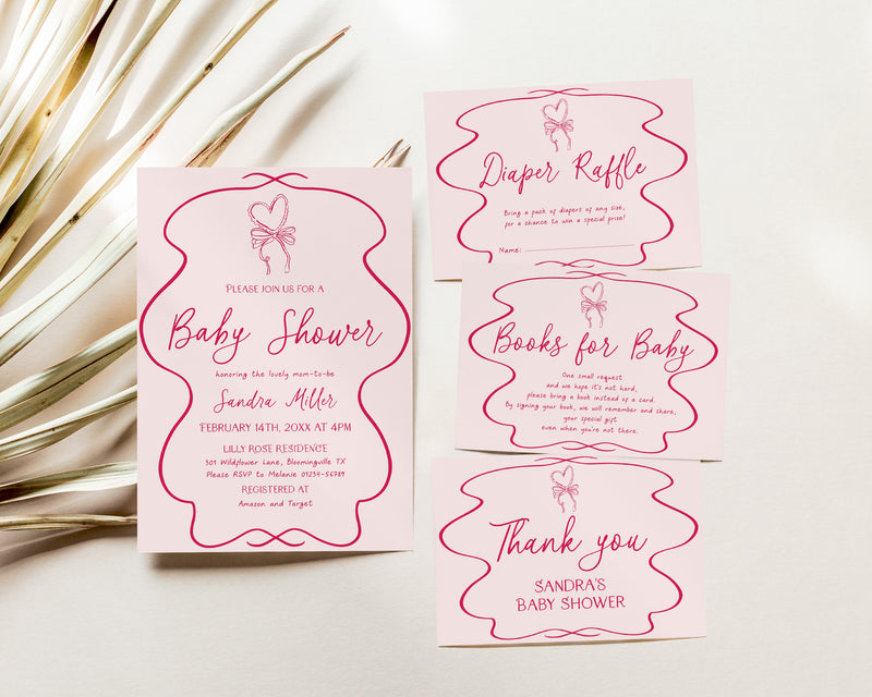 Hand Drawn Pink Bow Baby Shower Invitation Bundle