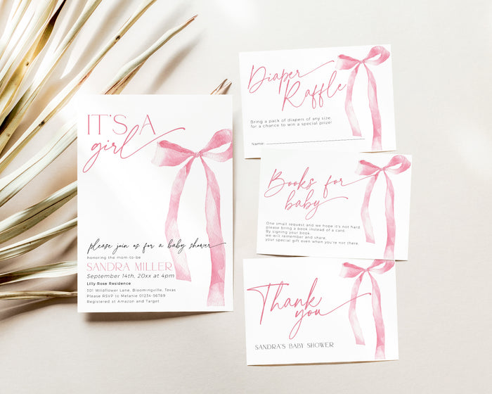 Bow Pink Baby Shower Invitation Bundle