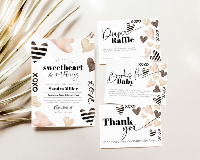 Beige Heart Valentines Baby Shower Invitation Bundle