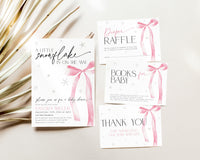 Snowflake Pink Bow Christmas Baby Shower Invitation Bundle