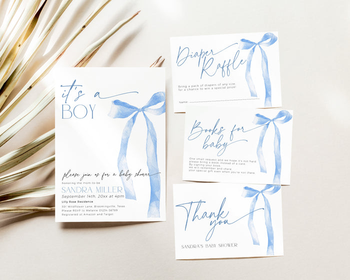 Bow Blue Baby Shower Invitation Bundle