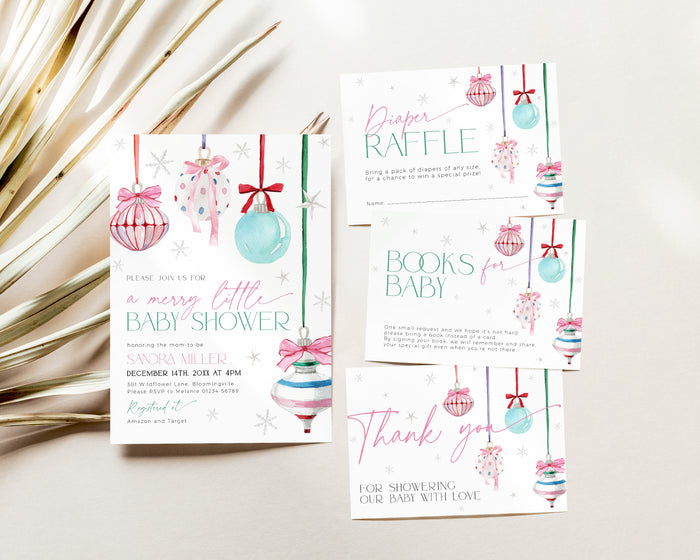 Coquette Pink Bow Christmas Baby Shower Invitation Bundle