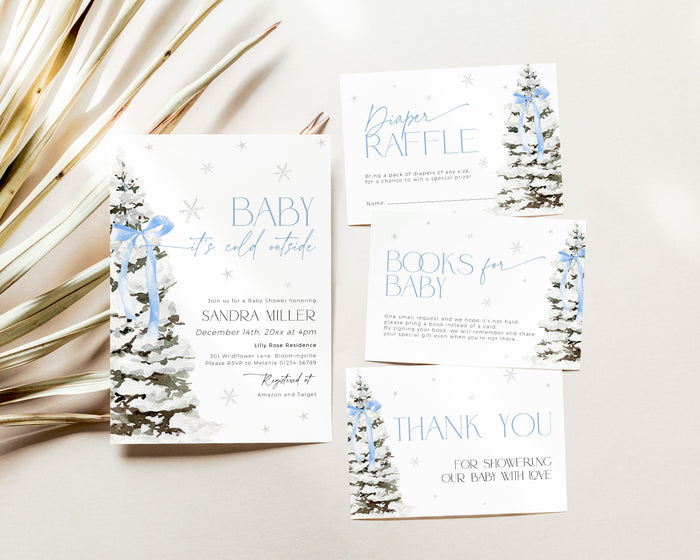 Blue Bow Christmas Baby Shower Invitation Bundle