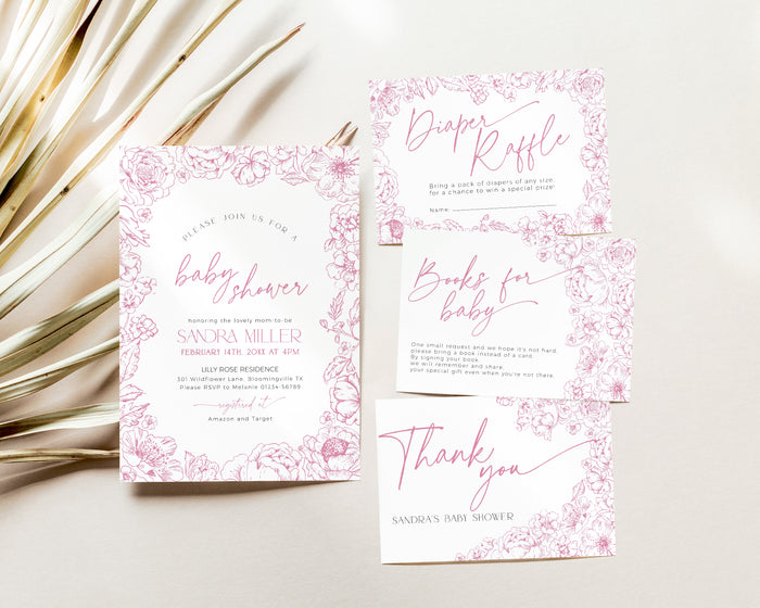 Floral Pink Toile de Jouy Baby Shower Invitation Bundle