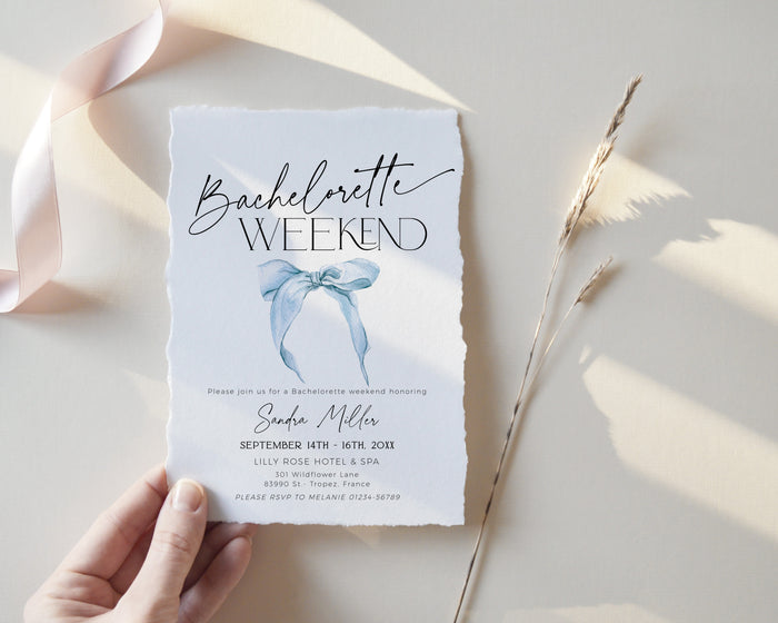 Blue Bow Bachelorette Weekend Itinerary Invitation