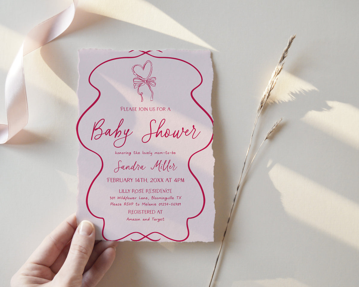 Hand Drawn Pink Bow Baby Shower Invitation