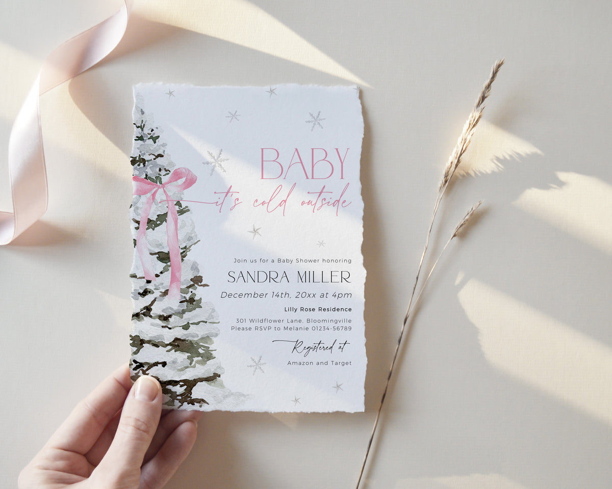 Pink Bow Christmas Baby Shower Invitation