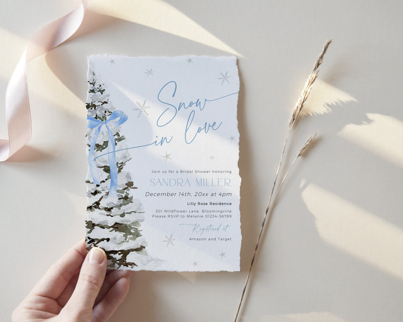 Blue Bow Christmas Bridal Shower Invitation