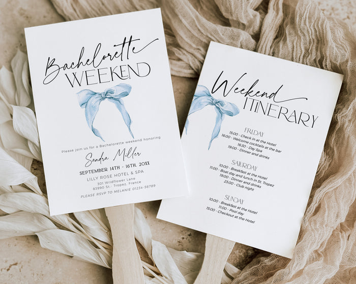 Blue Bow Bachelorette Weekend Itinerary Invitation