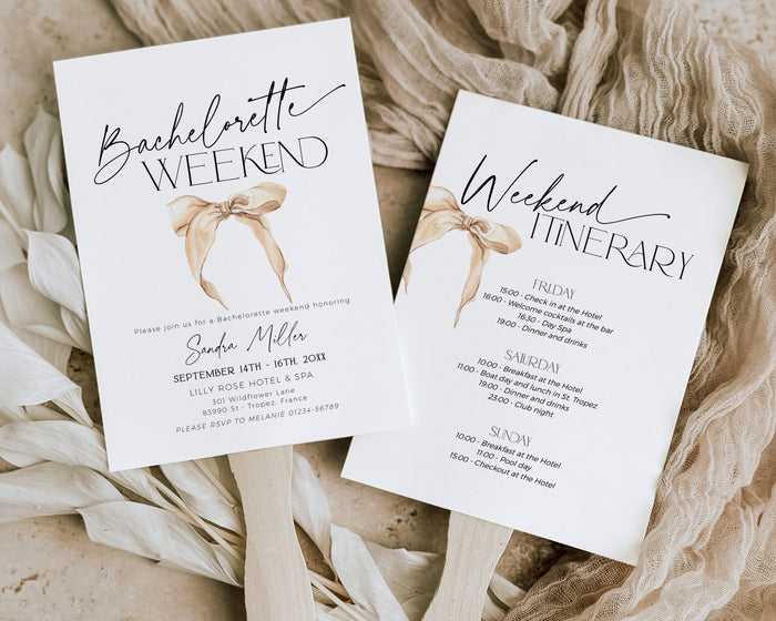 Neutral Bow Bachelorette Weekend Itinerary Invitation