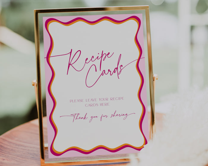 Pink Wavy Border Bridal Shower Recipe Cards Sign