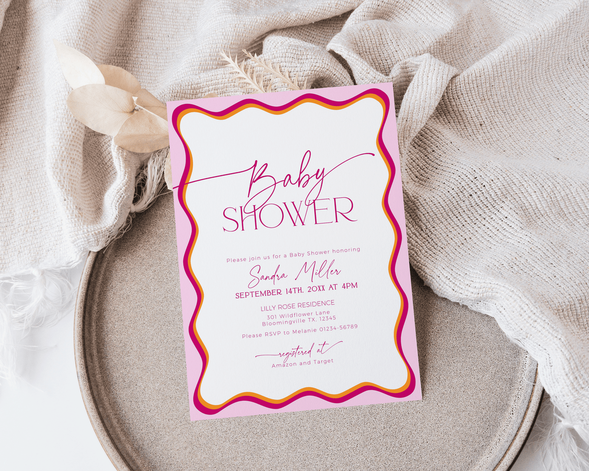 Pink Wavy Border Baby Shower Invitation