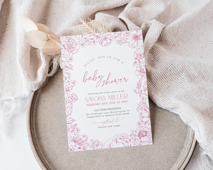 Floral Pink Toile de Jouy Baby Shower Invitation