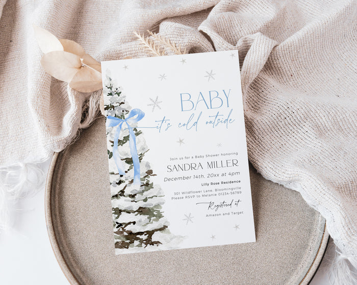 Blue Bow Christmas Baby Shower Invitation