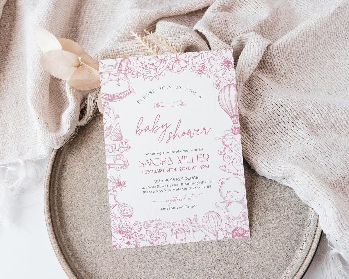 Pink Toile de Jouy Baby Shower Invitation