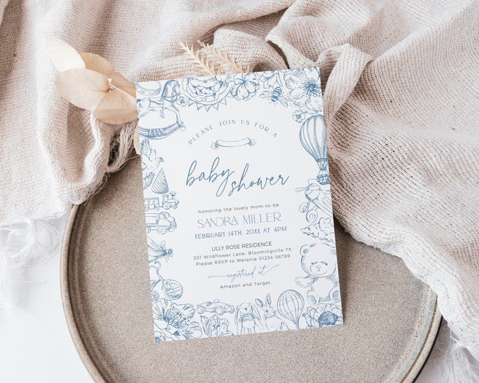 Blue Toile de Jouy Baby Shower Invitation