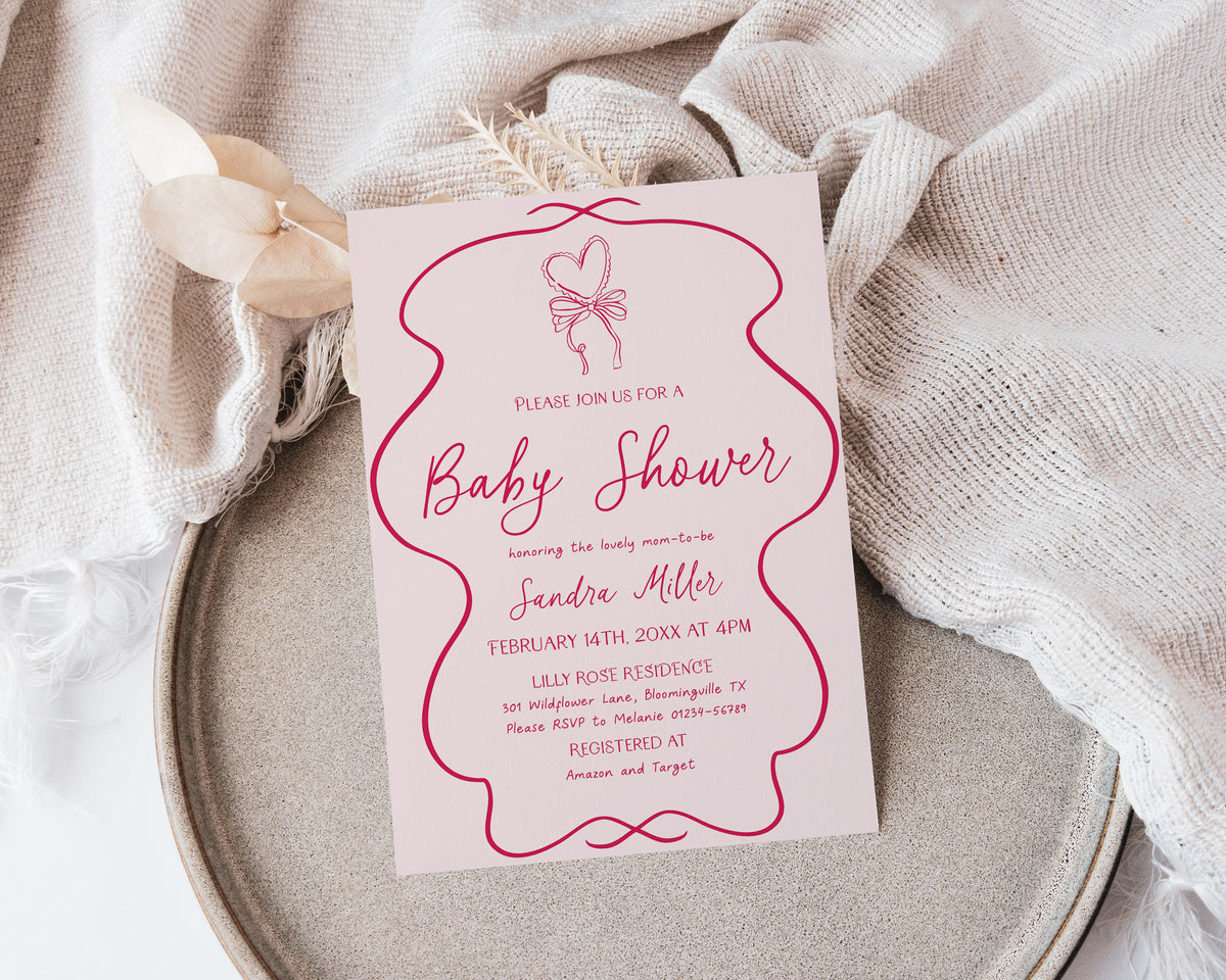 Hand Drawn Pink Bow Baby Shower Invitation