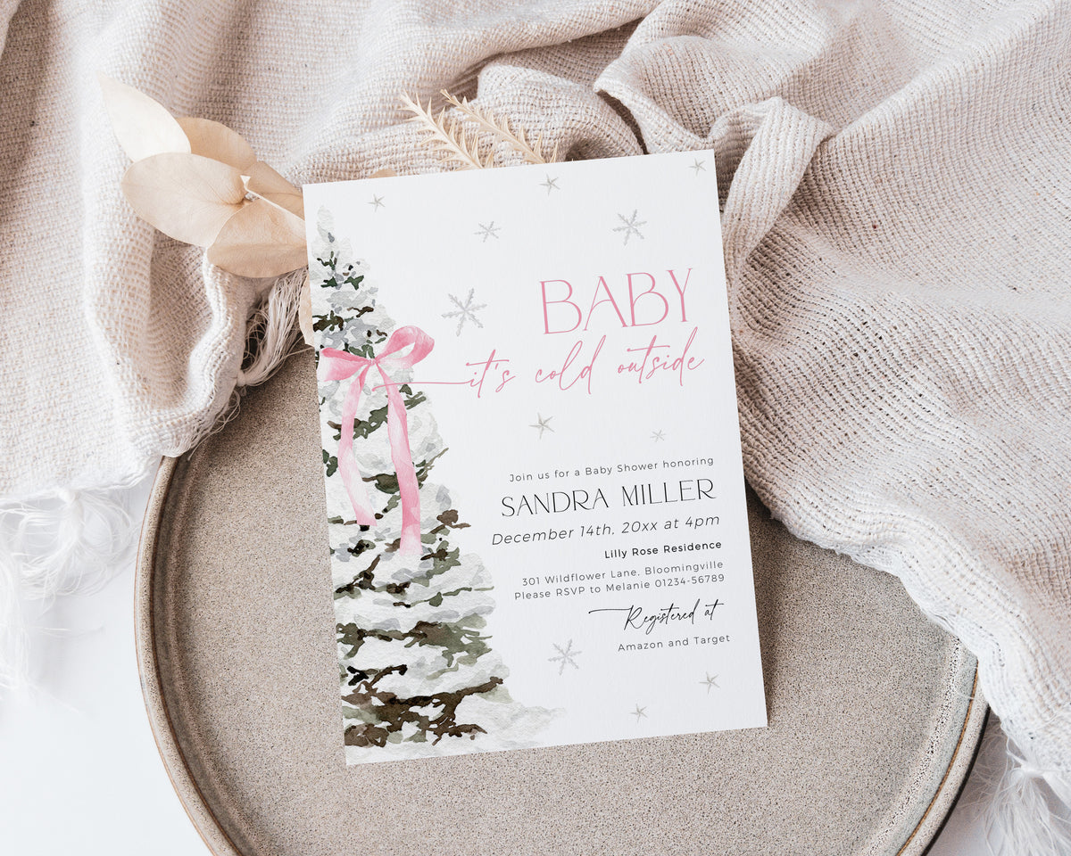 Pink Bow Christmas Baby Shower Invitation