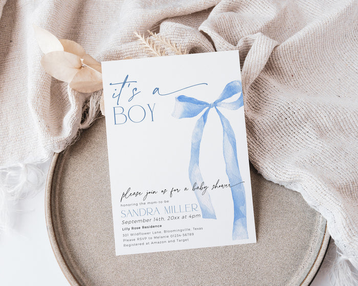 Bow Blue Baby Shower Invitation