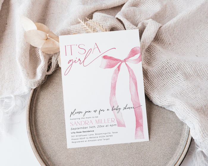 Bow Pink Baby Shower Invitation