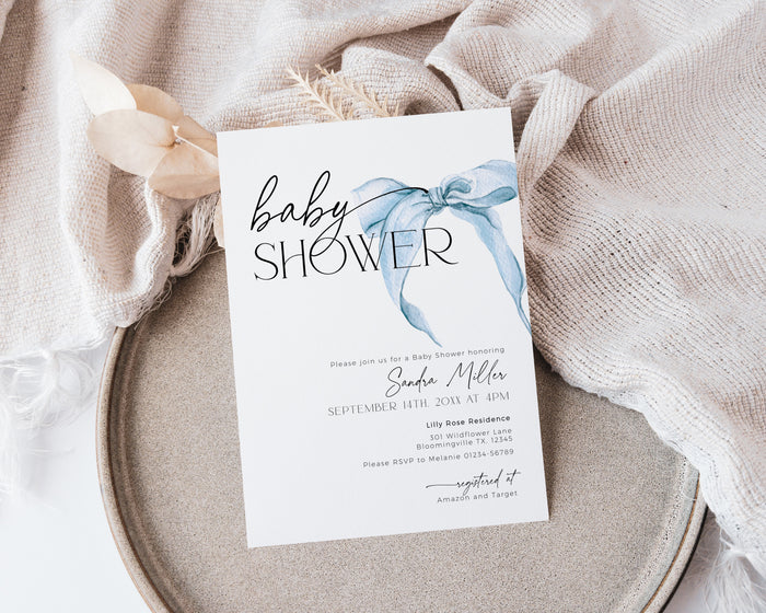 Blue Bow Baby Shower Invitation