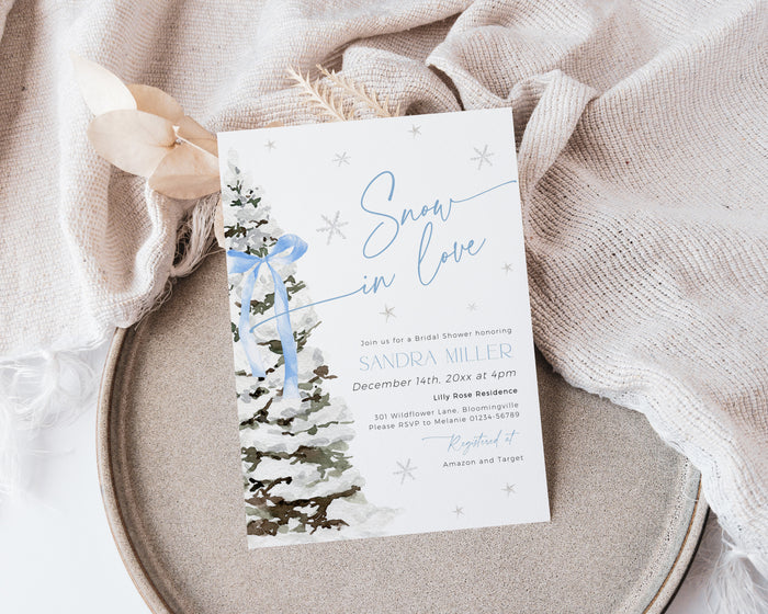 Blue Bow Christmas Bridal Shower Invitation