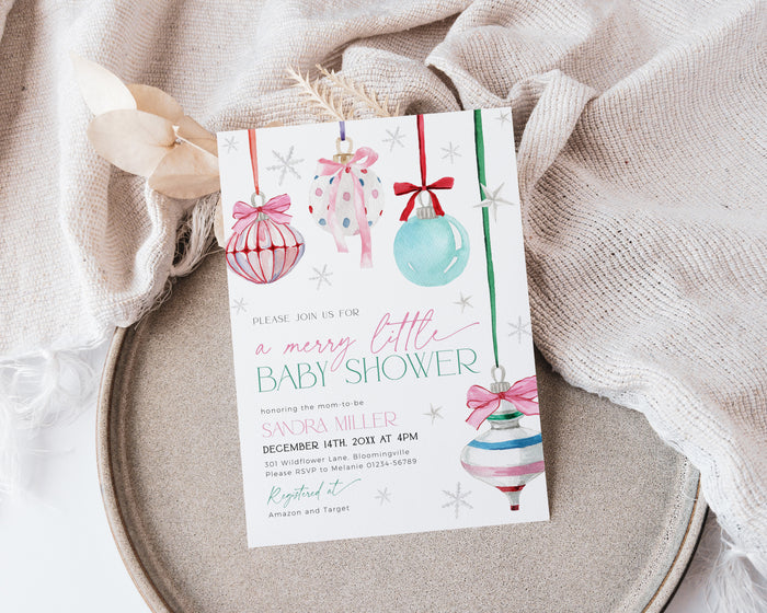 Coquette Pink Bow Christmas Baby Shower Invitation