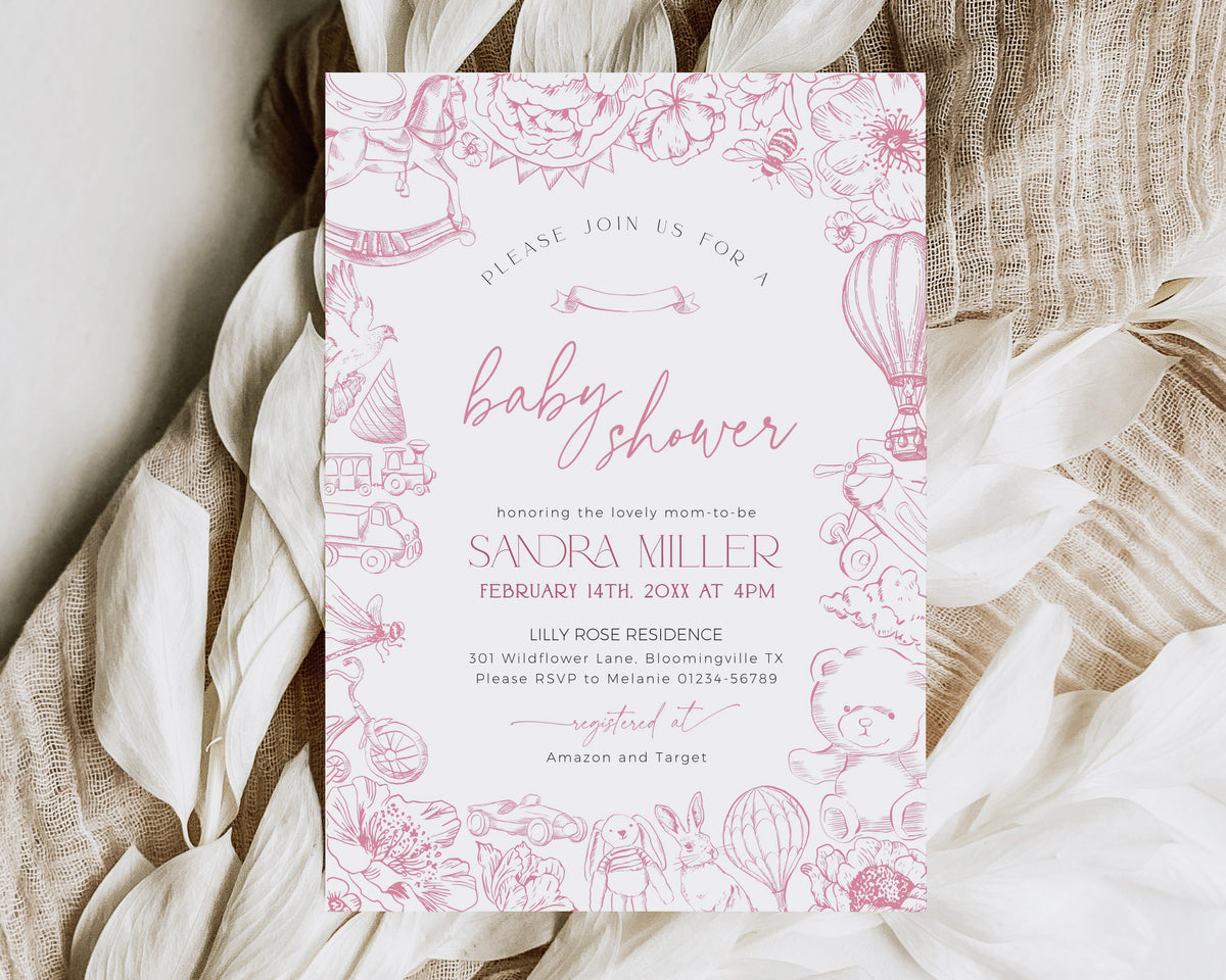 Pink Toile de Jouy Baby Shower Invitation