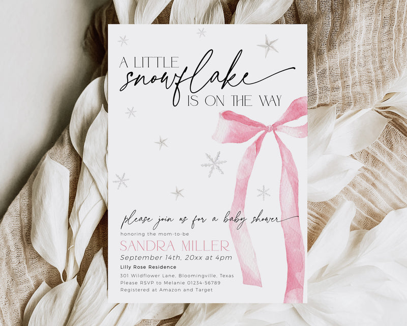 Snowflake Pink Bow Baby Shower Invitation