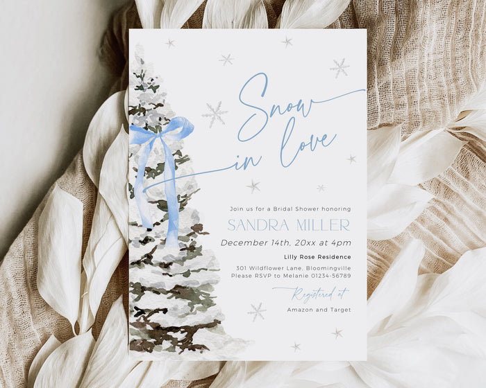 Blue Bow Christmas Bridal Shower Invitation