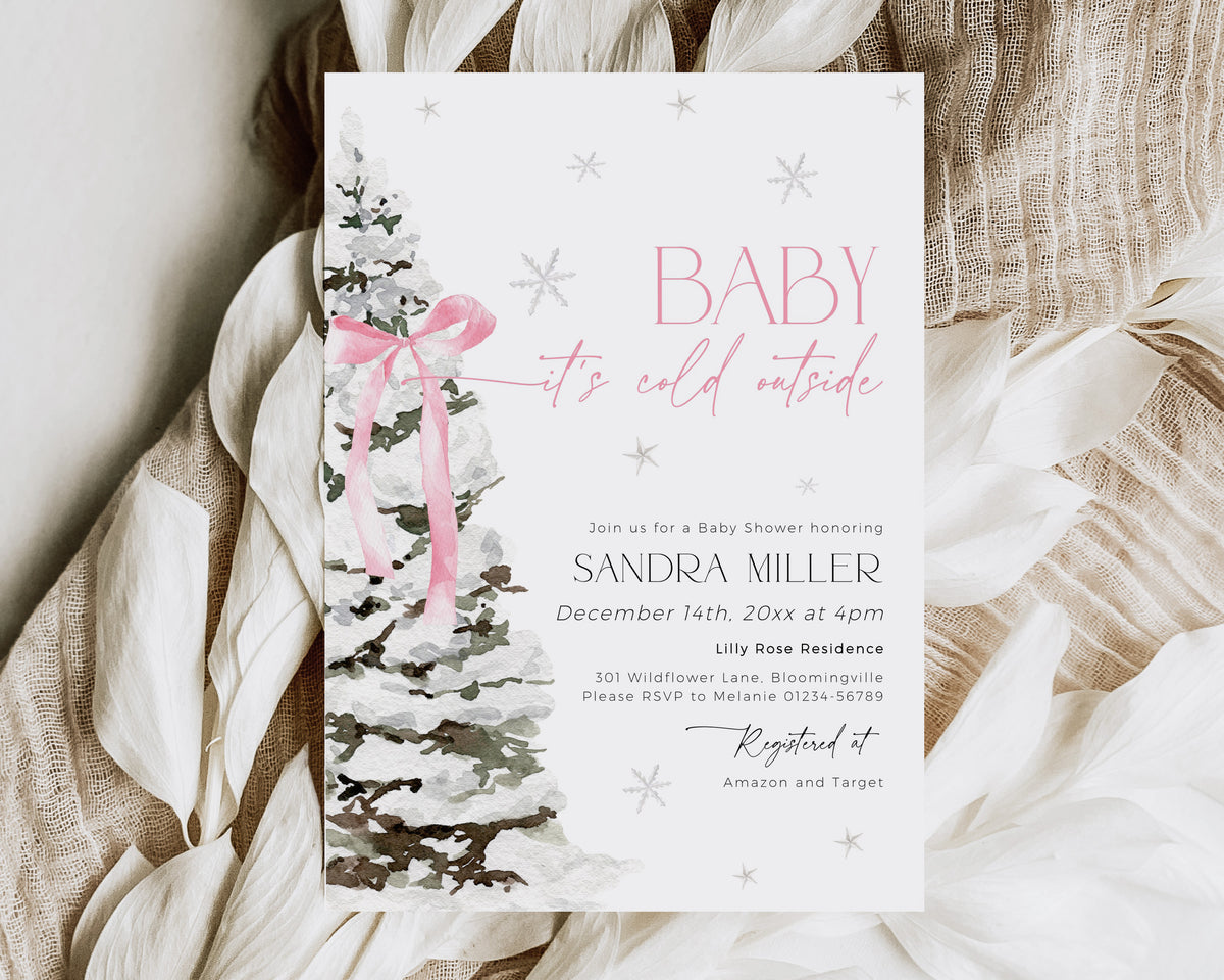 Pink Bow Christmas Baby Shower Invitation