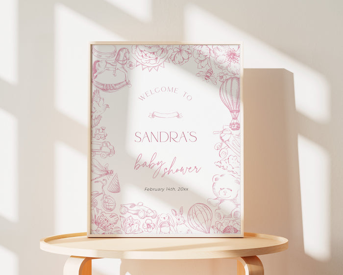 Pink Toile de Jouy Baby Shower Welcome Sign