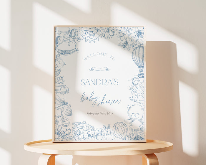 Blue Toile de Jouy Baby Shower Welcome Sign