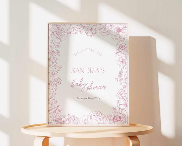 Floral Pink Toile de Jouy Baby Shower Welcome Sign