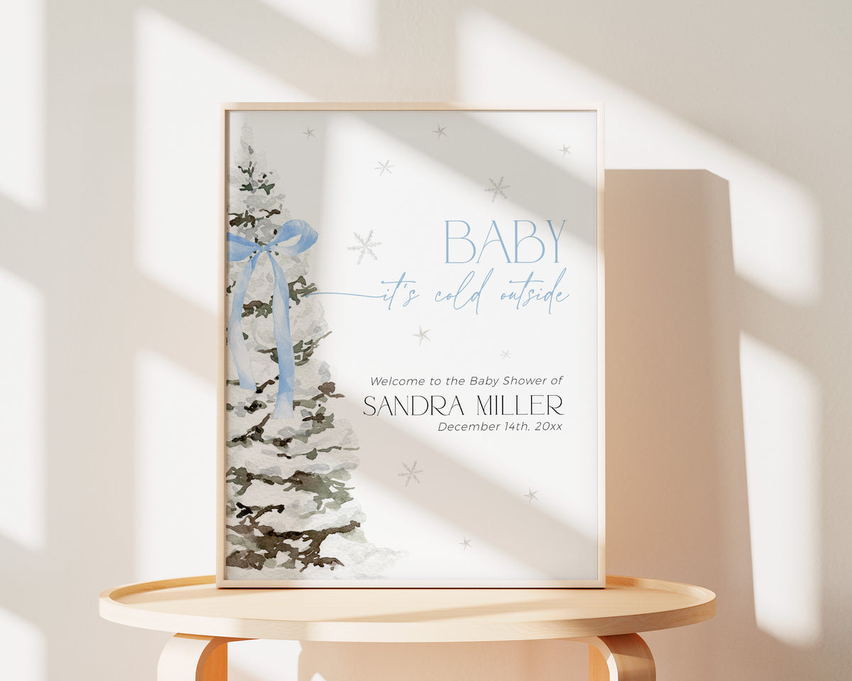 Blue Bow Christmas Baby Shower Welcome Sign